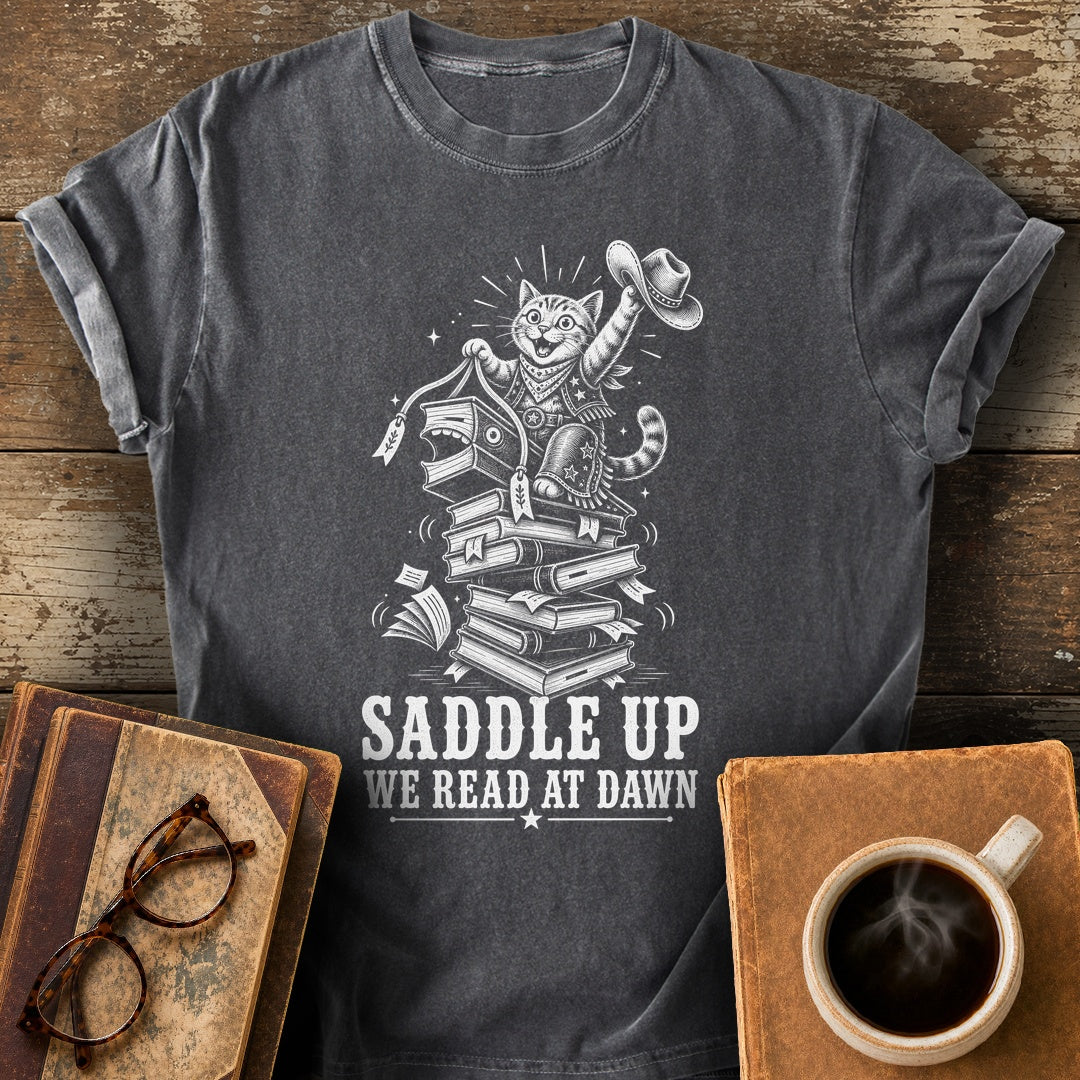 Saddle Up We Read at Dawn Tee - pepper shirt mockup